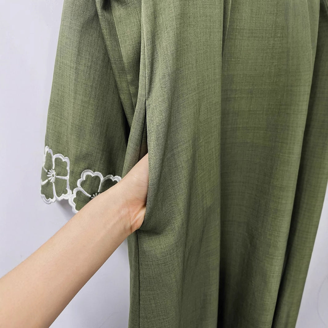 Solid Color Long Sleeve Loose Islamic Flower Embroidered Cardigan