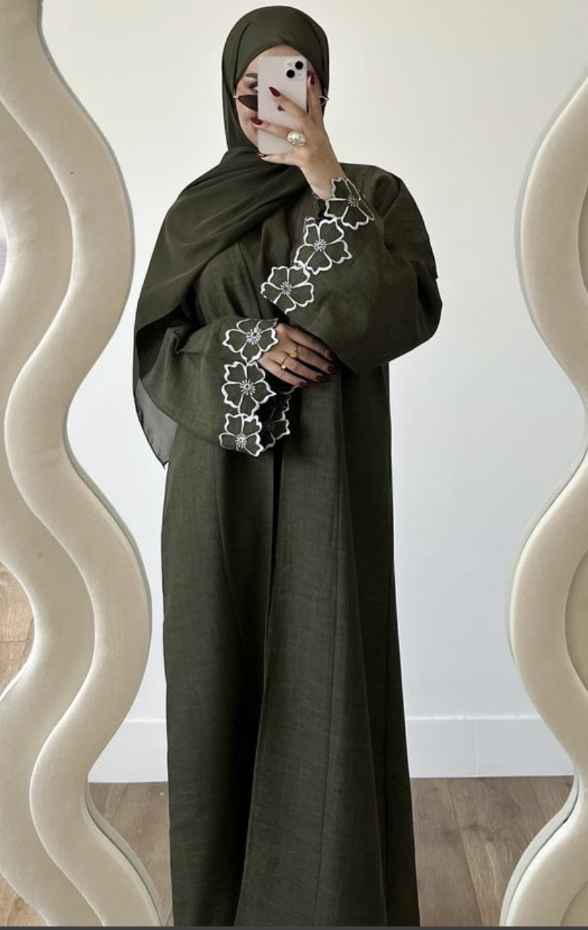 Solid Color Long Sleeve Loose Islamic Flower Embroidered Cardigan