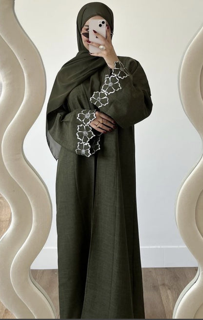 Solid Color Long Sleeve Loose Islamic Flower Embroidered Cardigan