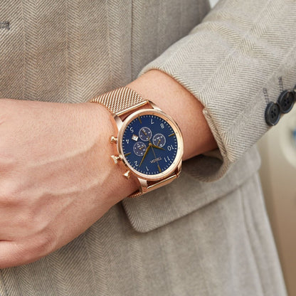 Trnda Men's Rose Gold Stainless Steel Watch, Dark Blue Dial | Trn-43rb