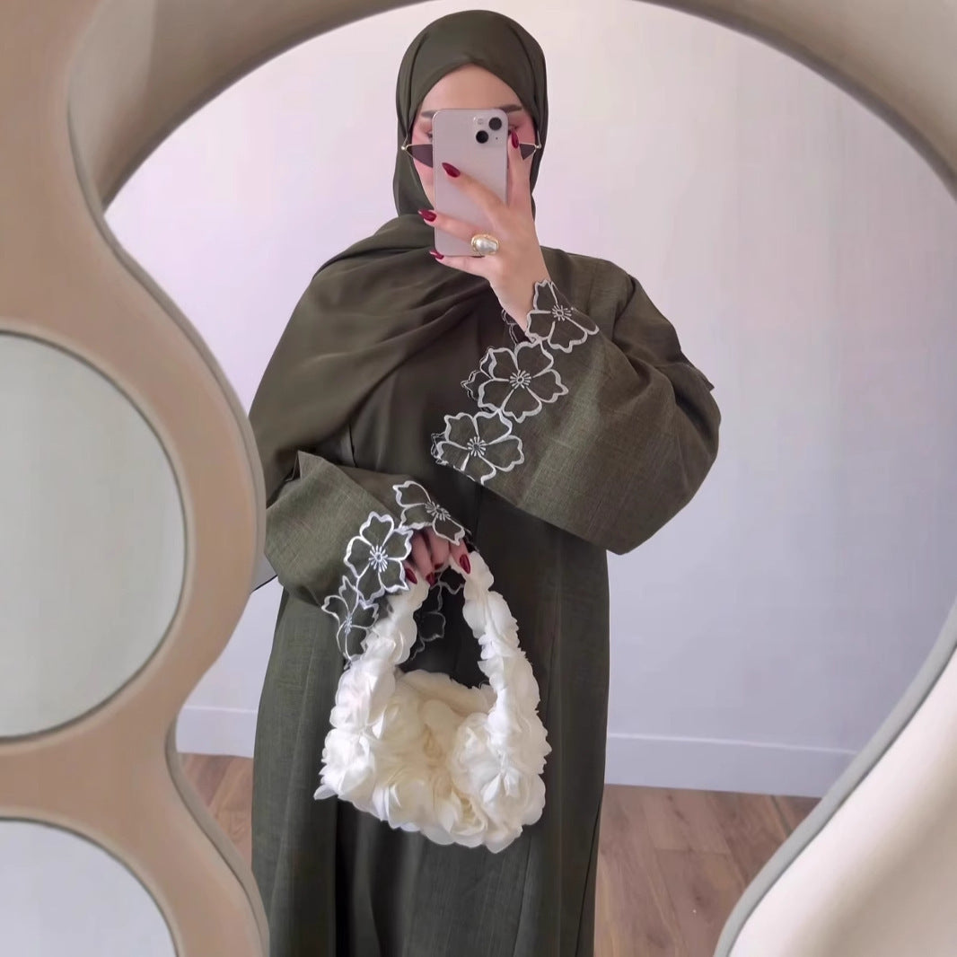 Solid Color Long Sleeve Loose Islamic Flower Embroidered Cardigan